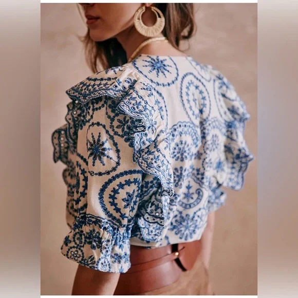 Sezane Chic Blue Patterned Ruffle Blouse Women